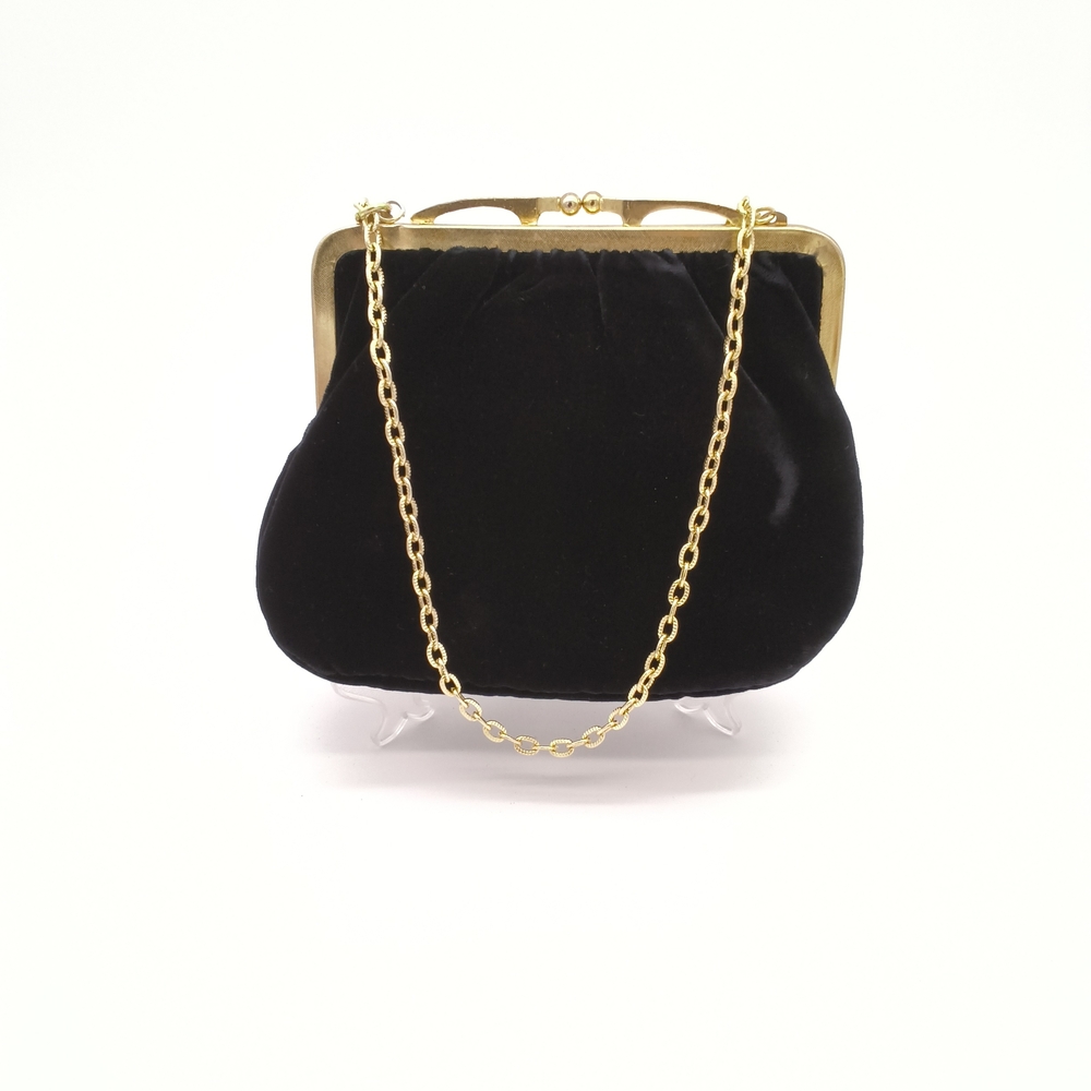 Vintage Black Velvet Evening Bag Gold Kiss Lock Chain Clutch